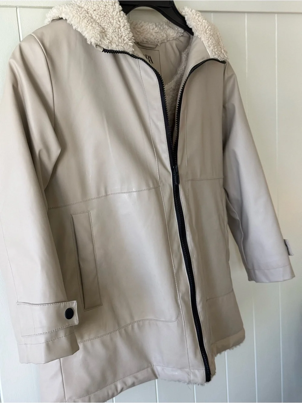 Zara Beige soft rubber Teddy coat with Sherpa Lining, waterproof!